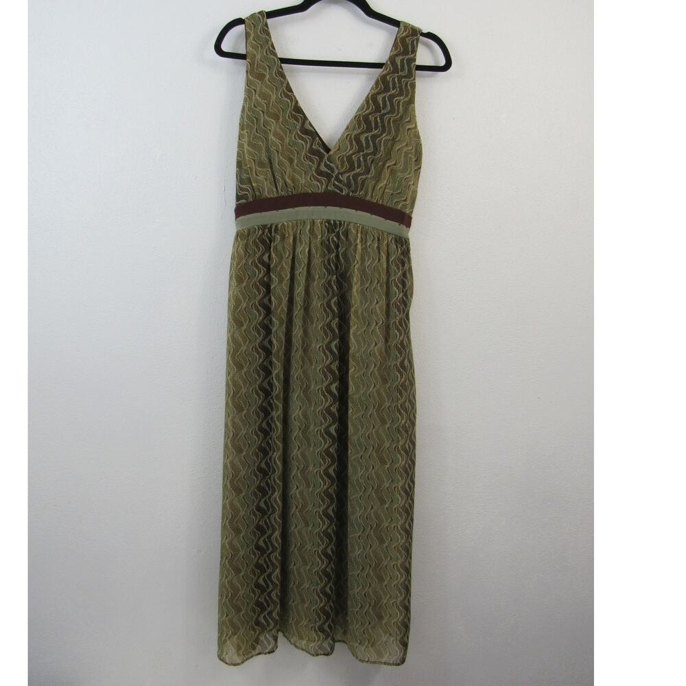 Jonathan Martin Size 12 Olive Green and Brown Midi Dress Fit and Flare V Neck